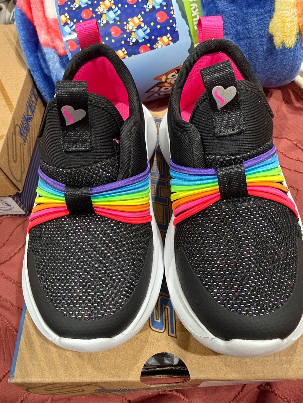 Skechers Kids Black Slip-On Sneakers with Rainbow Elastic Bands - 7T